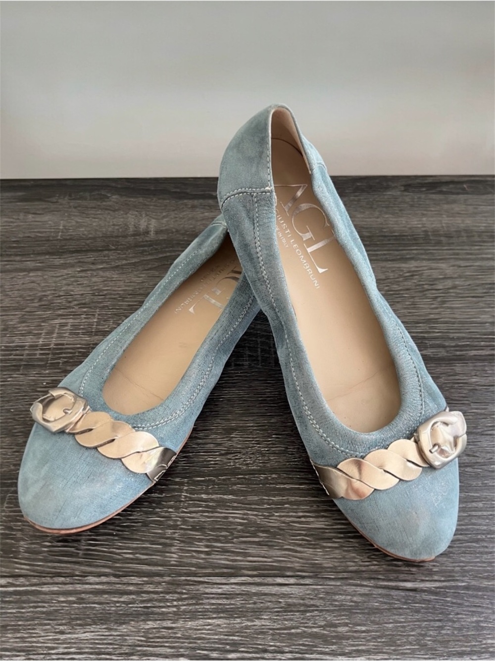 AGL Attilio Giusti Leombruni Metallic Light Blue Suede Cap Toe Ballet Flats